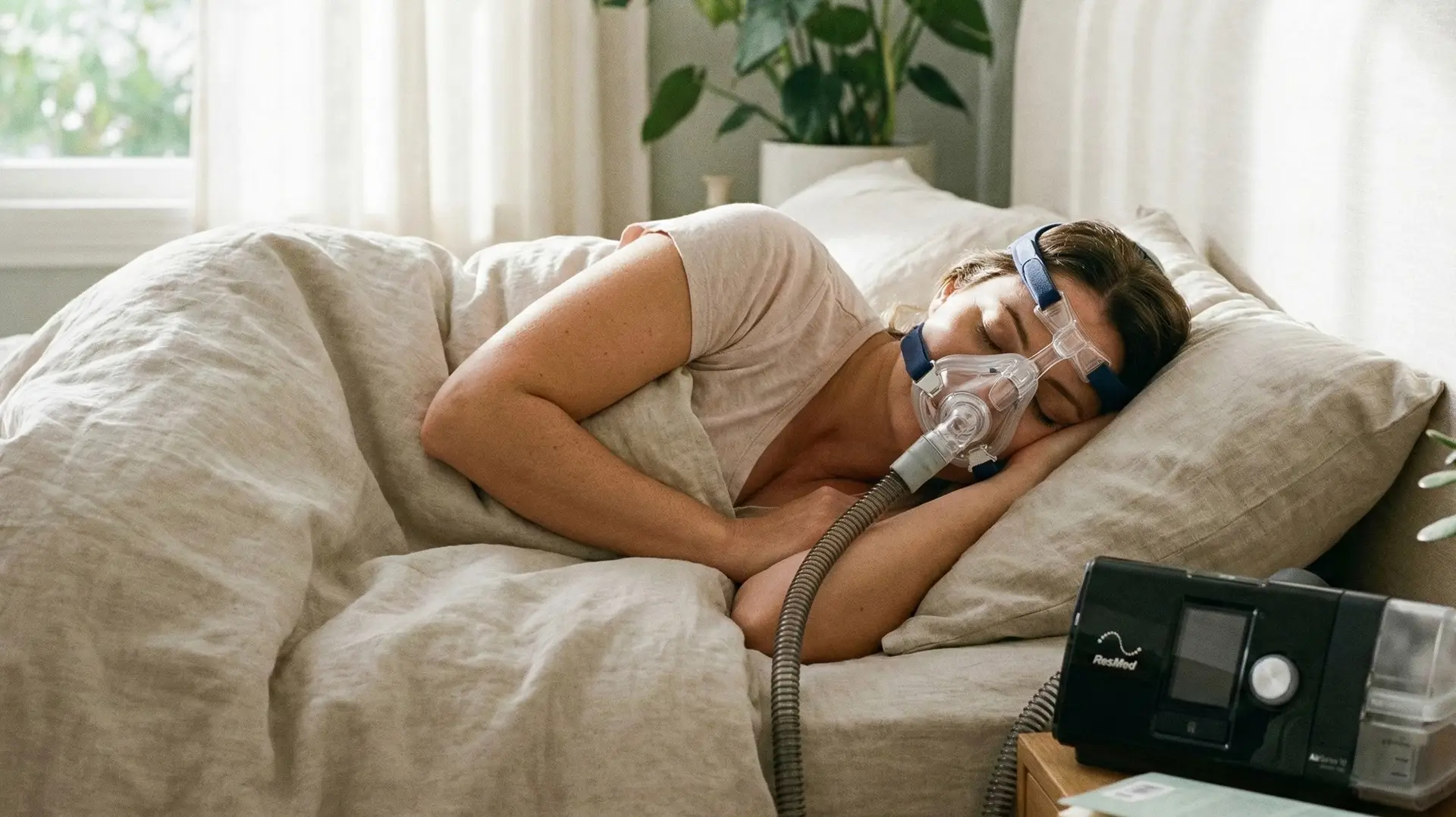 Mulher dormindo tranquilamente usando máscara de CPAP, com o aparelho no criado-mudo